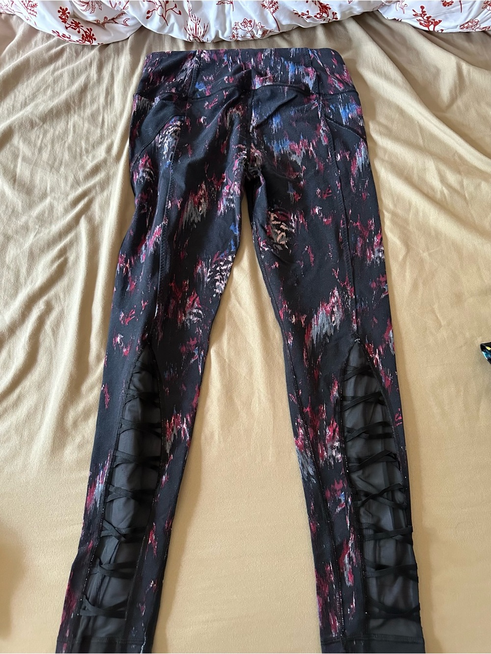Victoria secret Leggings with Pink & Blue Abstract Print and Lace-Up Mesh Insets